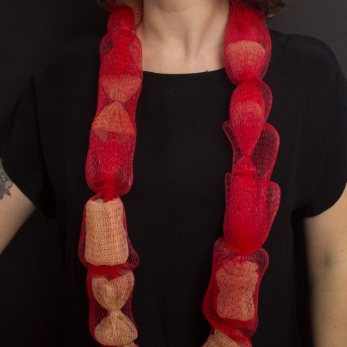 Salp, necklace, 2017, recycled plastic mesh, waxed cotton thread, 22” (h) x 3” (w) x 2” (d)